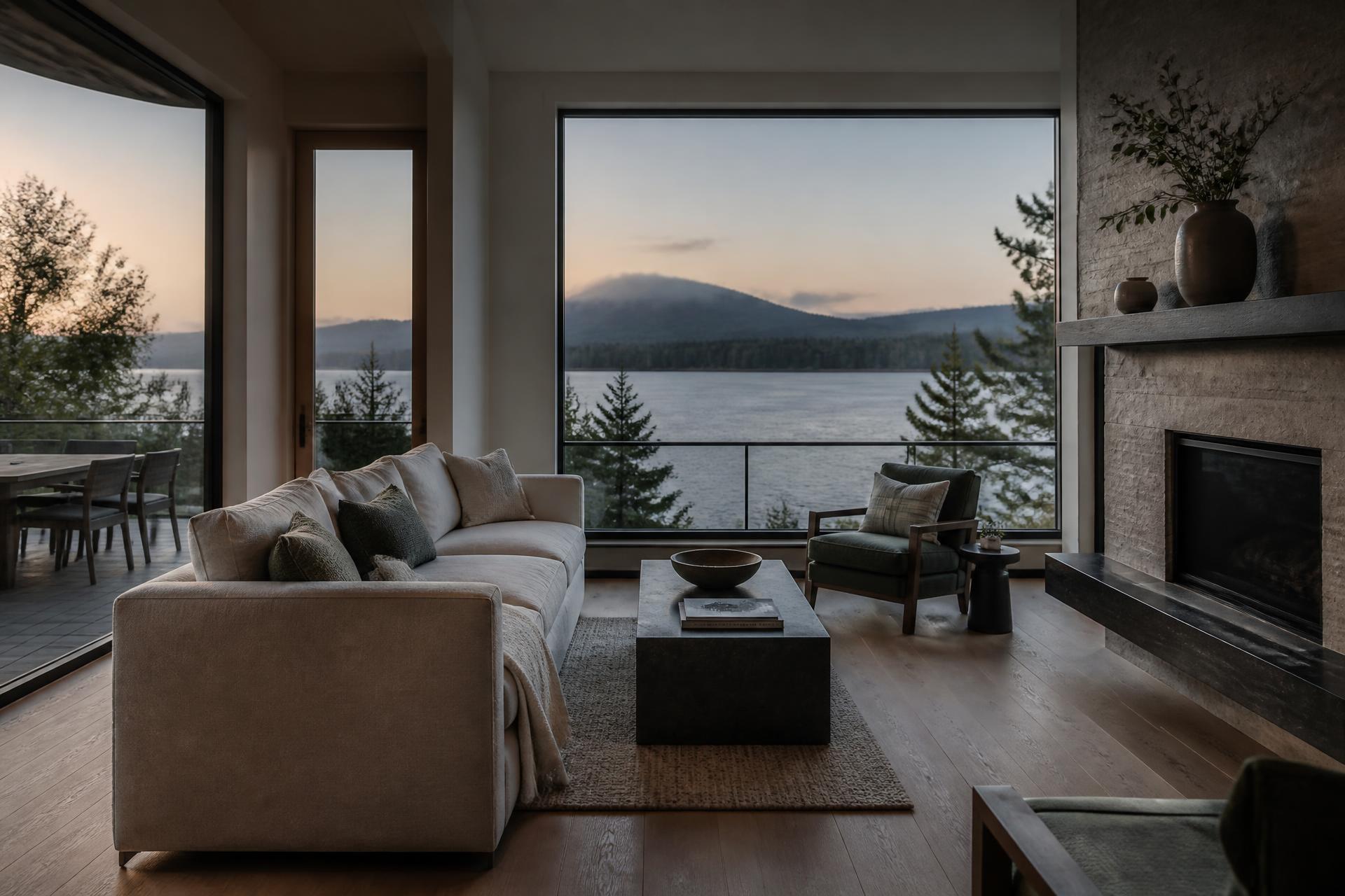 Sunlit, freshly cleaned Pacific Northwest rental living room with lake views